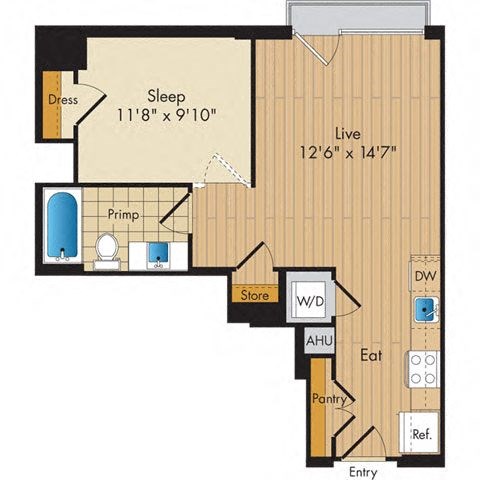 Floor plan for studio, 1 bath, 586 sqft